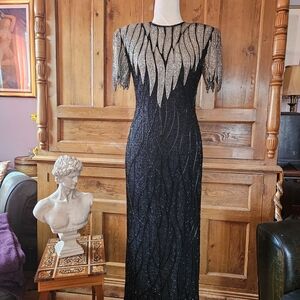Scala Elegant, Vintage Black & Silver Beaded Maxi Dress With Beaded Collar